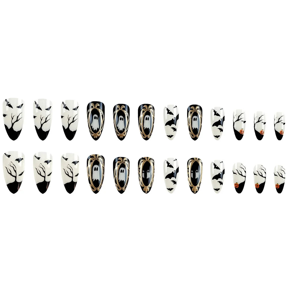 24pcs Black Bat Printed Fake Nails Halloween White Ghost Pattern False Nails for Women Wearable European Almond Press on Nails
