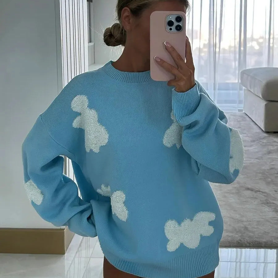 Chic Sweet Love Embroidery Knitting Sweaters Women Long Sleeved O-neck Pullovers Winter New Female Casual Fashion Sweaters Blue