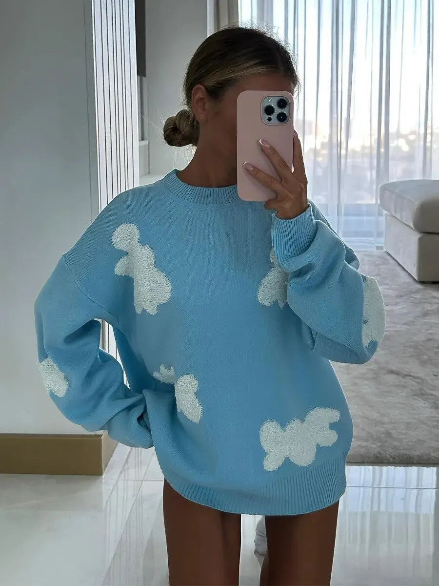 Chic Sweet Love Embroidery Knitting Sweaters Women Long Sleeved O-neck Pullovers Winter New Female Casual Fashion Sweaters Blue