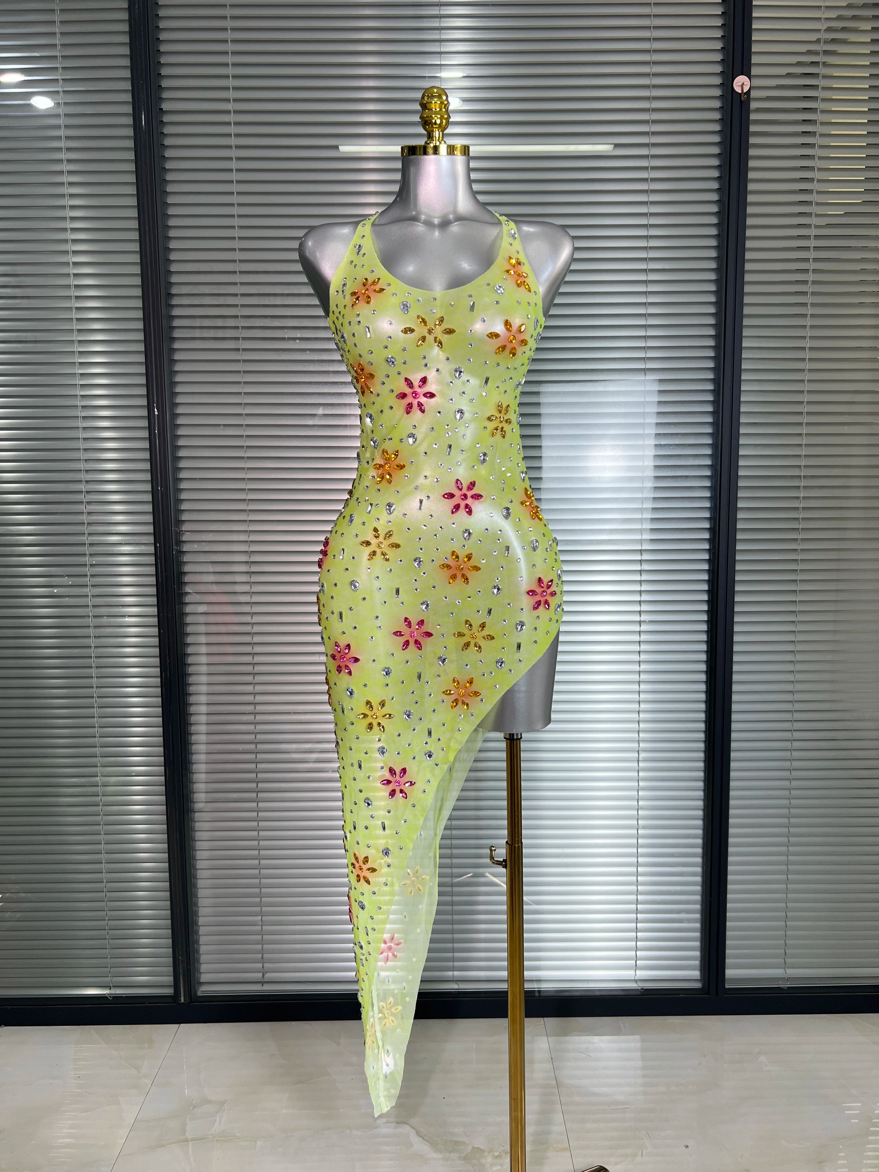 3 Color Women Sexy Mesh Crystal Flower Purple Costume Stage Dancer See Through Stretchy Night Club Party Dress