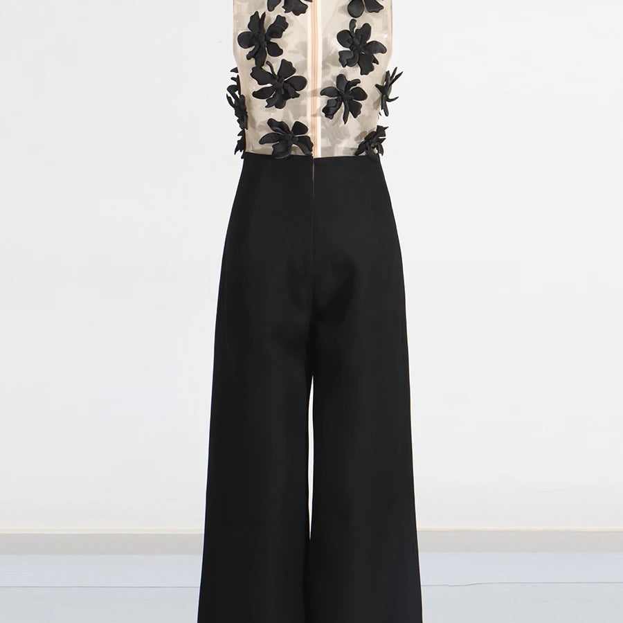 TWOTWINSTYLE Solid Slimming Spliced Appliques Jumpsuits for Women V Neck Sleeveless High Waist Elegant Jumpsuit Female Fashion