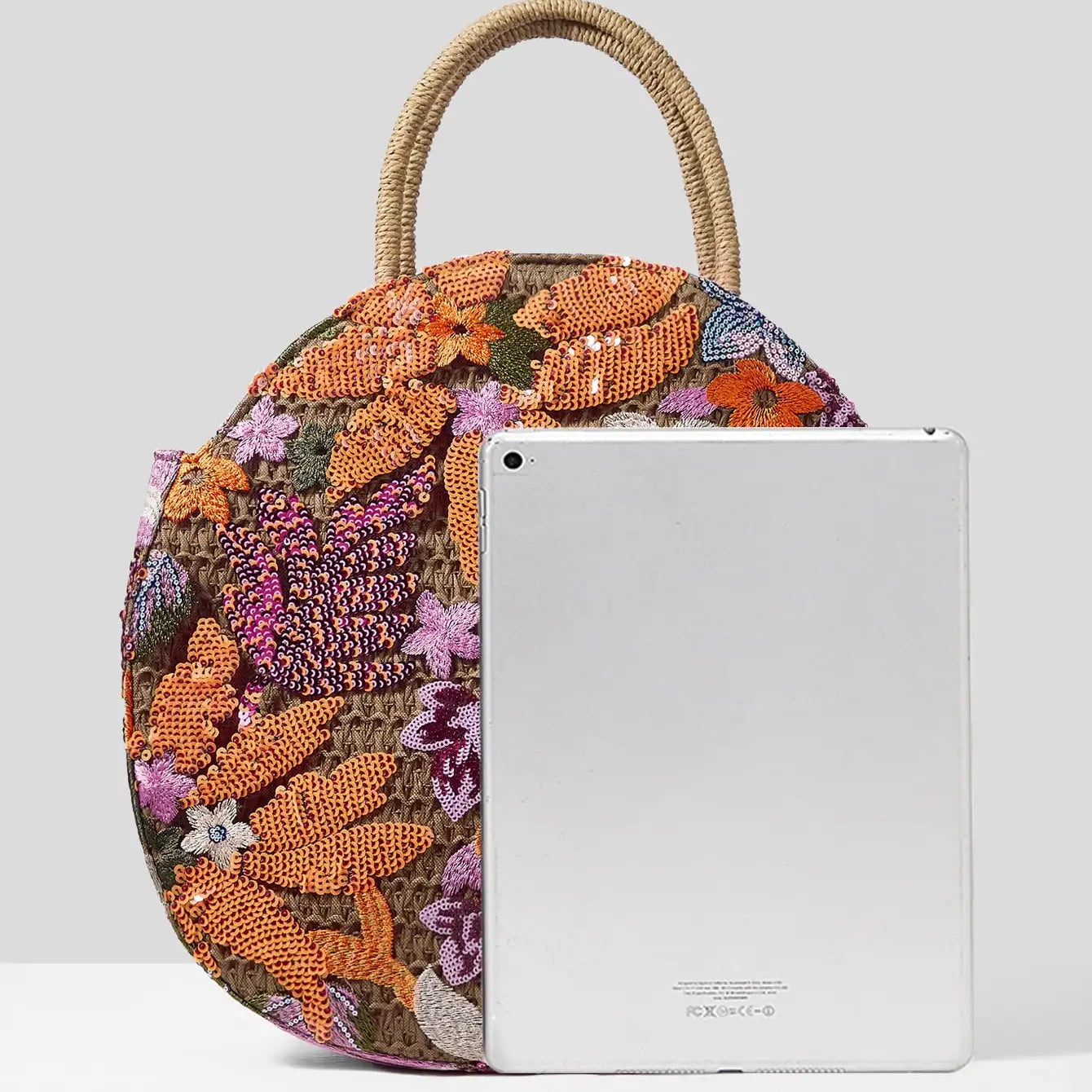 Women' Handbag Sequins Flower Round Straw Braid Large Capacity Tote Bag