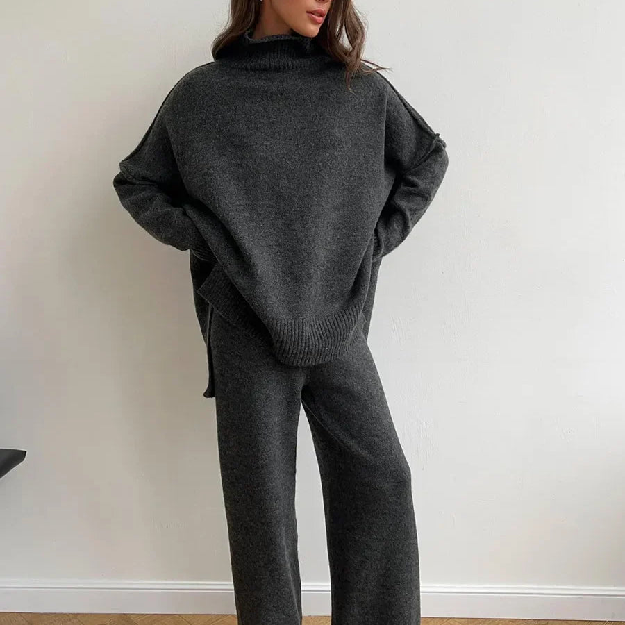 2025 turtleneck sweater set women's European, American autumn and winter new loose casual lazy thickened knitted trousers set Dark Gray
