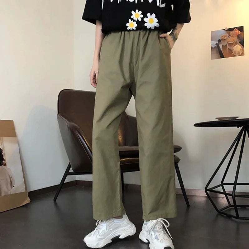Korean Style Retro Pants Women Loose Casual Solid Color Straight Ankle-length Trousers Office Lady Versatile Sweatpants Female