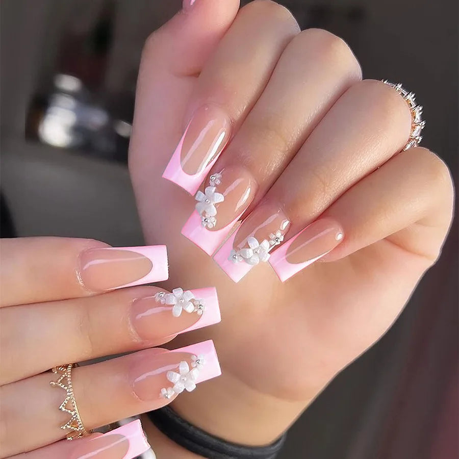 24Pcs Mid-length Square French False Nails with 3D Bow Flower Pearl Design Fake Nails Tips Rhinestone Detachable Press on Nails