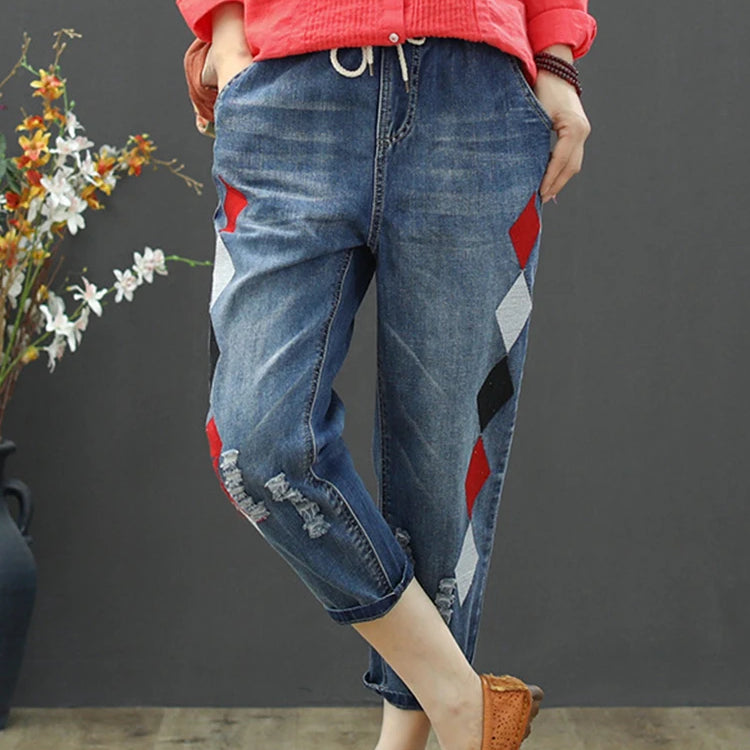 Autumn Ladies Luxury Embroidery Jeans Womens Fashion Vintage Ripped Denim Trousers Loose Holes Elastic Harem Pants