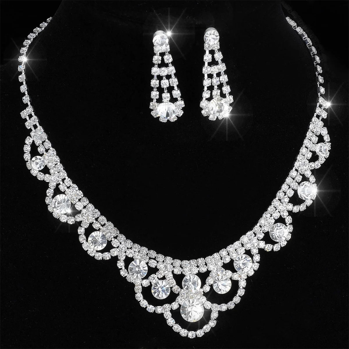 Luxury Elegant Zircon Flower Necklace Earrings Set For Women Silver Color Rhinestone Waterdrop Heart Wedding Bridal Jewelry Set