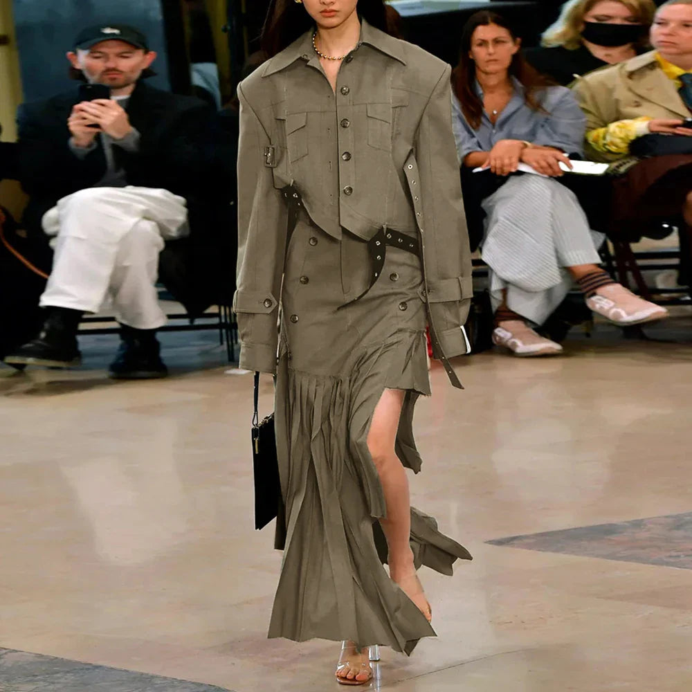 Solid Patchwork Button Two Piece Set For Women Lapel Long Sleeve Coat High Waist Irregular Skirt Chic Sets Female