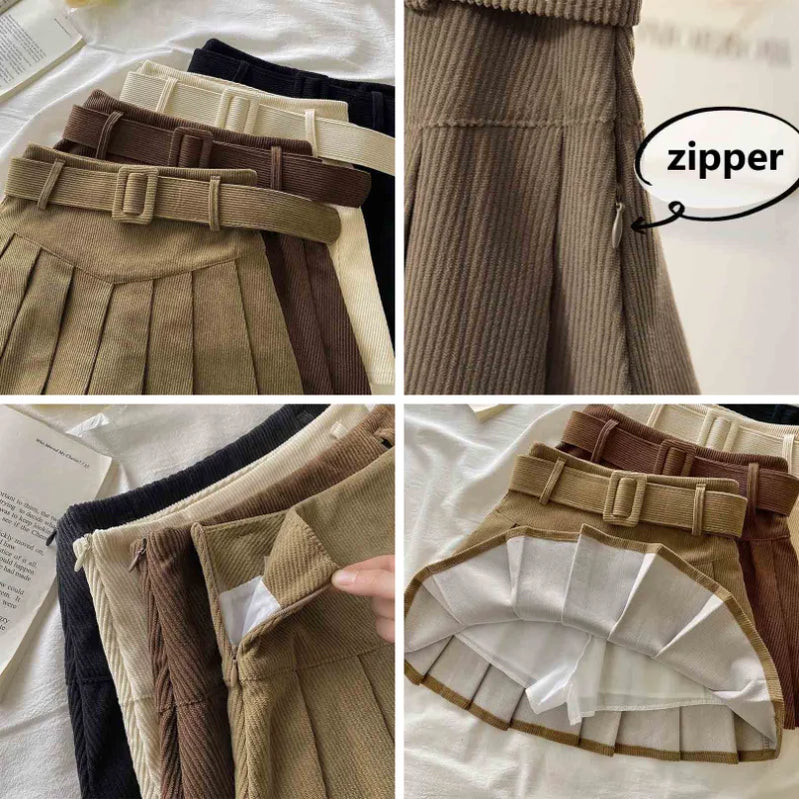Pleated Mini Skirts Women Japan Students Corduroy Preppy Style Autumn Winter Basic Solid Bottoms Chic Vintage JK Slim All-match