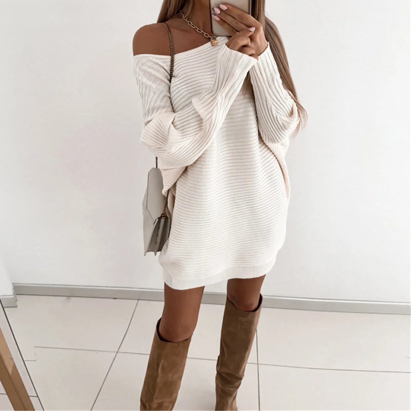 Spring And Autumn Women's Dress Loose Crewneck Off Shoulder Pullover Dress Fashion Solid Colour Commuter Knitted Sweater Dress