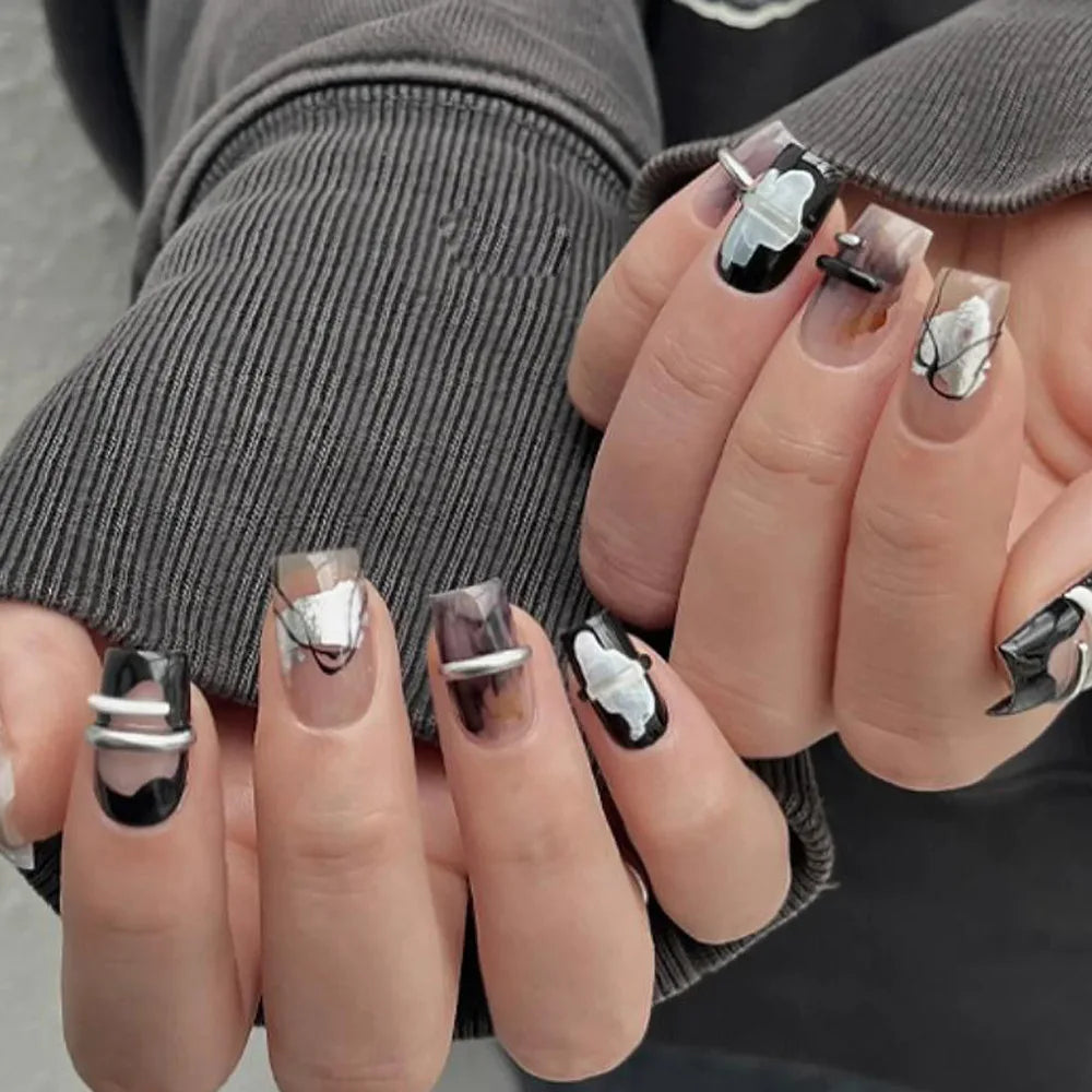 24Pcs Medium Square Fashion Black Manicure Gradient Brown with Cat's Eye Leopard Print Detachable False Nails Stickers for Women