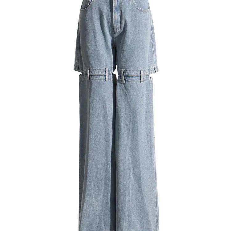 Hollow Out Streetwear Denim Trousers For Women High Wasit Loose Patchwork Wide Leg Pats Female Fashion Summer Clothing New