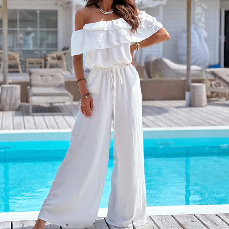 Summer Solid Color Long Slim Jumpsuit Fashion Temperament Commute Ruffles Romper Women Off Shoulder High Waist Lace-up Jumpsuits