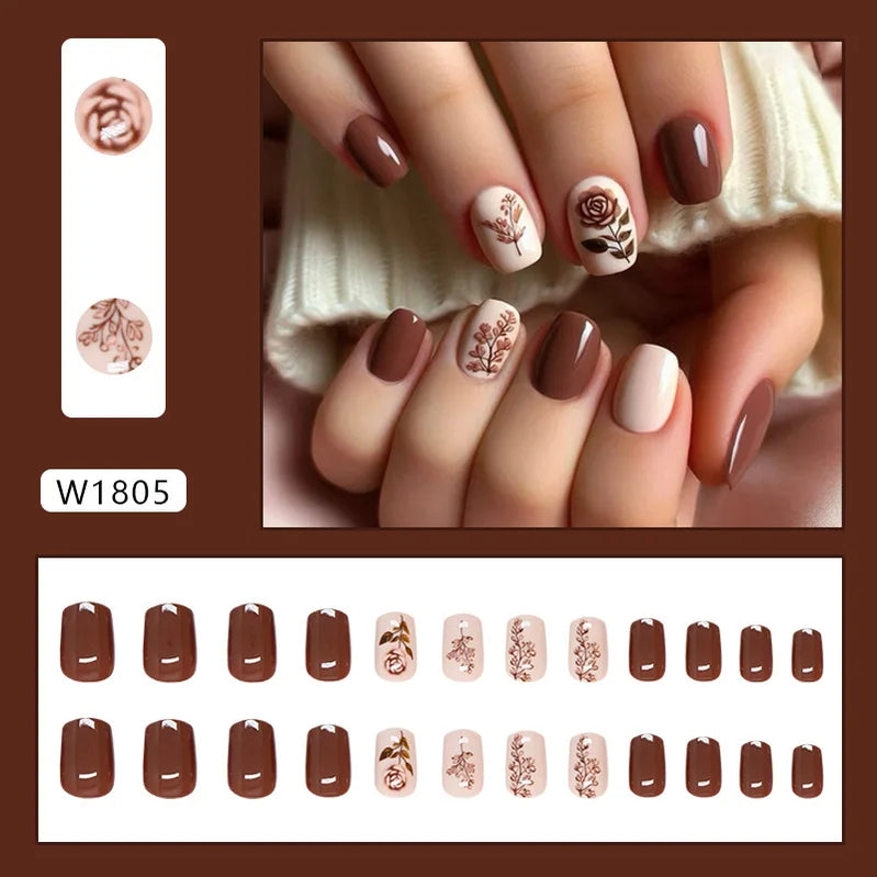 24pcs Simple Brown Rose Press on Nails Solid Color Lines Fake Nail Tips Women Wearable Cover Fashion Short Side False Nails