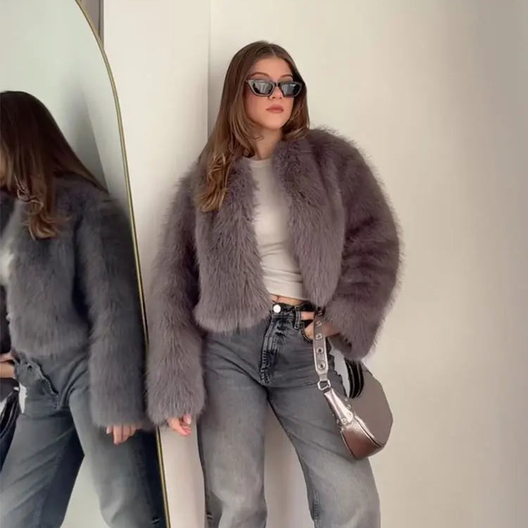 Winter New Fashion Female O-Neck Vintage Long Sleeve Loose Streetwear Top Woman Artificial Fur Effect Jacket Coats