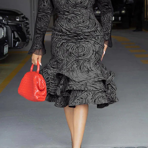 CM.YAYA Women Long Sleeve mesh O-neck mult Ruffles Bodycon Midi Dress 2025 Africa OL Work Evening Sexy Party Dresses Vestidos