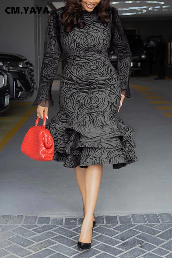 CM.YAYA Women Long Sleeve mesh O-neck mult Ruffles Bodycon Midi Dress 2025 Africa OL Work Evening Sexy Party Dresses Vestidos