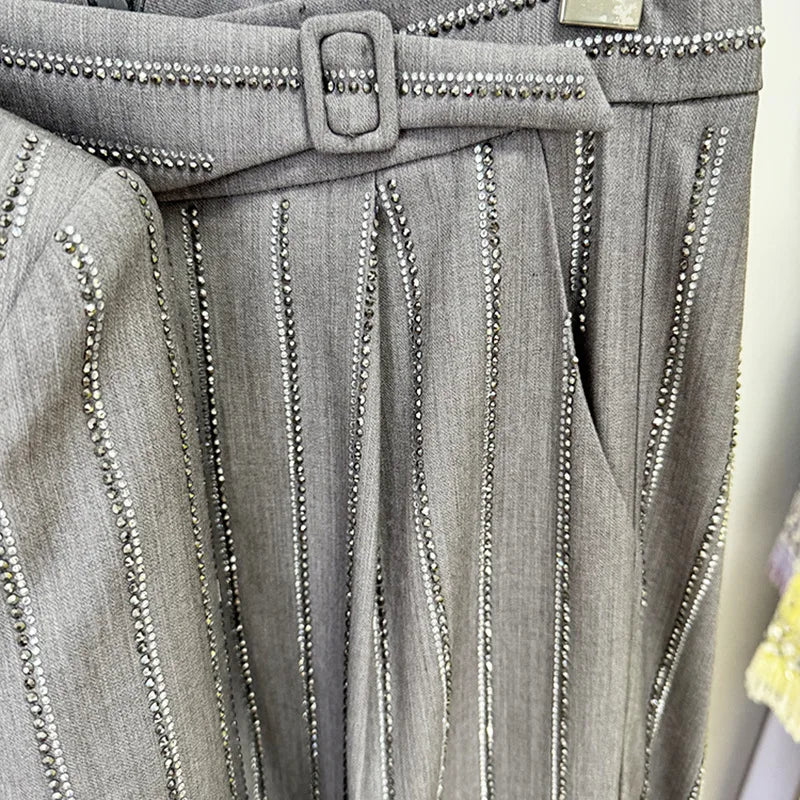 TWOTWINSTYLE Solid Two Piece Set for Women Notched Neck Long Sleeves Patchwork Stripe Blazers High Waist Pant Sets Female New