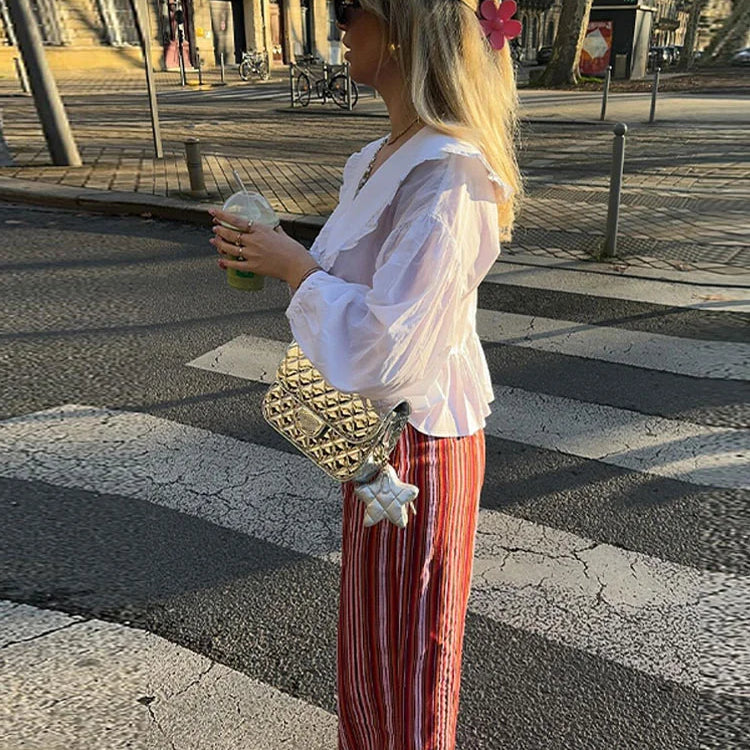 Chic Lace Up Pleated Women Shirts Blouses Lantern Sleeve White Female Streetwear Loose Spring Summer Lapel Elegant Lady Top