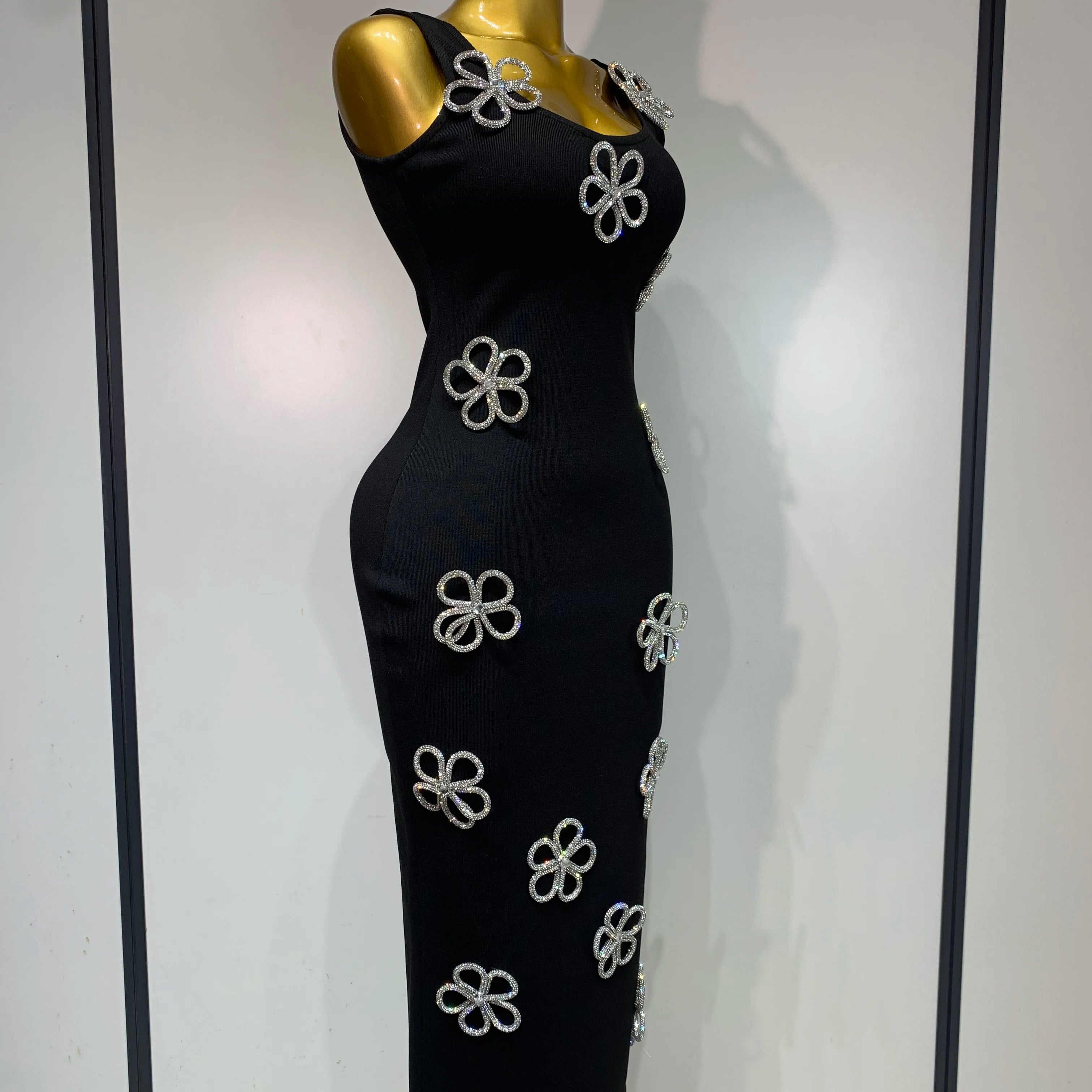 Women Celebrity Sexy Diamonds Flower Black Long Bodycon Bandage Dress 2025 Elegant Evening Club Party Luxury Birthday Dresses