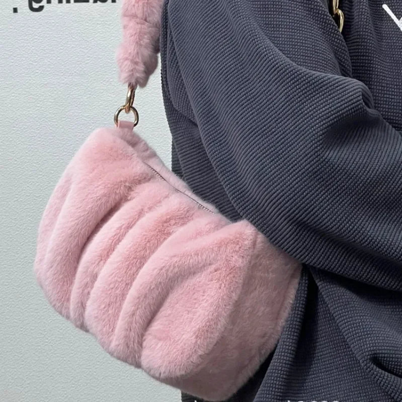 Women Faux Fur Handbags with Metal Chain Lady Ruched Shoulder Bag Armpit Casual Square Hobos Crossbody Winter