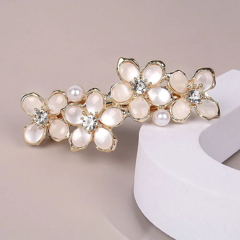 New Korean white flower pearl spring clip boutique opal bowknot horizontal clip temperament female fashion hair accessories