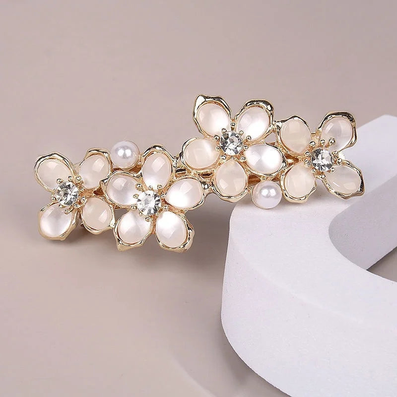 New Korean white flower pearl spring clip boutique opal bowknot horizontal clip temperament female fashion hair accessories