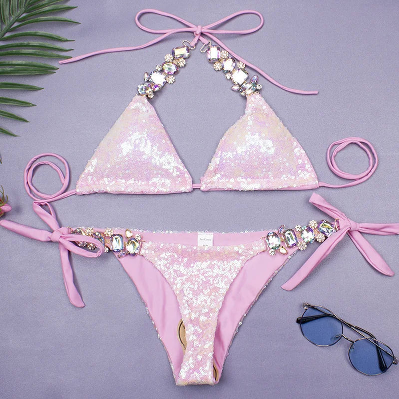 Shiny Sexy Bikinis Swimsuit With Rhinestones Women Swimwear Female Push Up Bikini Beach Swim Wear Bathing Suits Pool Bather 2024 A23052402E