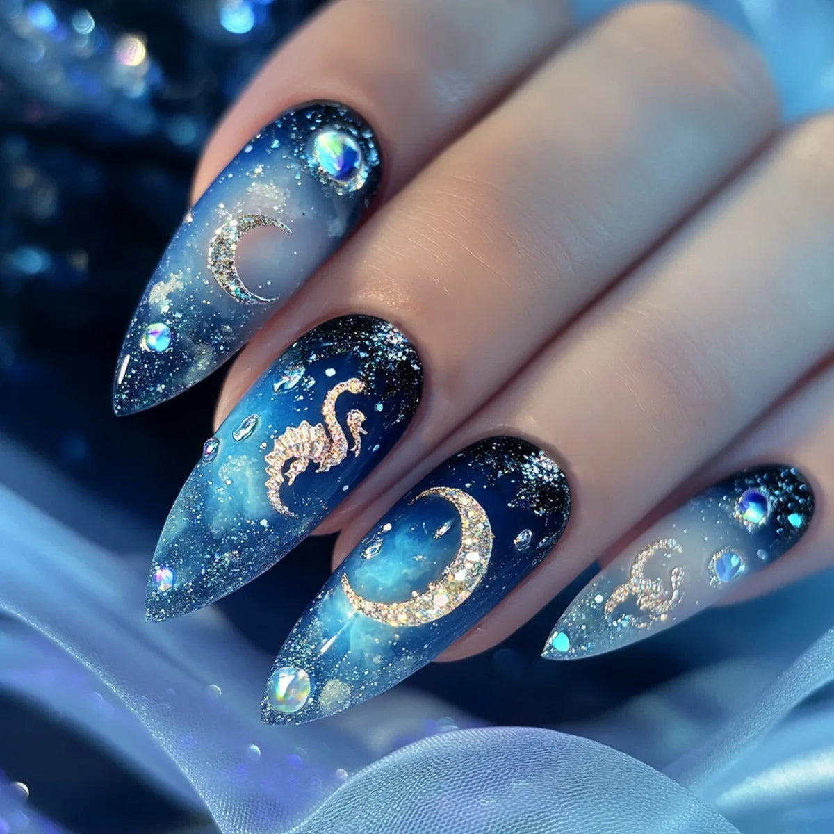 Medium fake nails for women gilrs gradient blue pink starry sky star moon Y2K design Almond nail tips press on false nail set