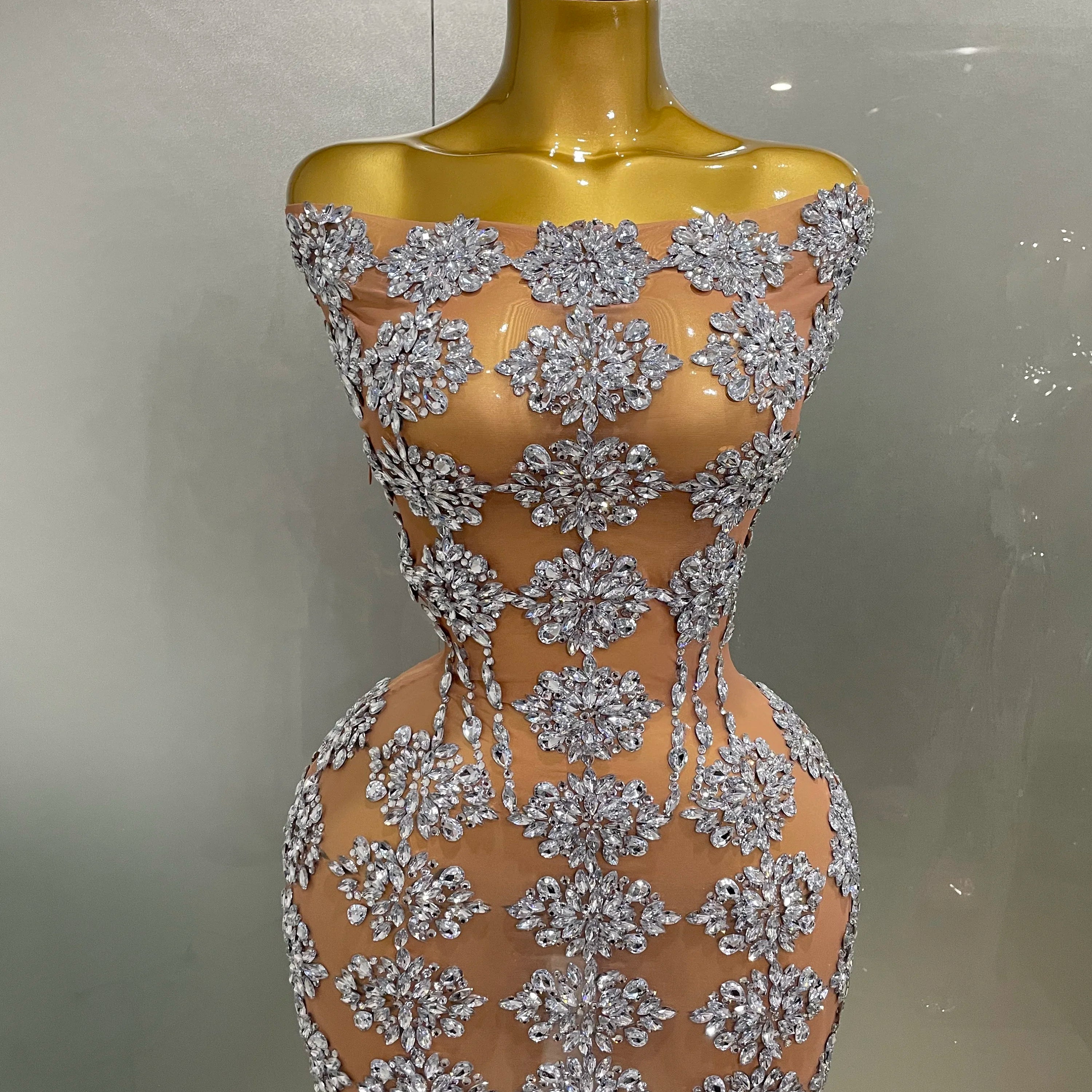 Luxury Sparkly Rhinestone Mesh Mini Dress 2025Women Sexy Nightclub Party Dance Performance Costume Singer Dancer Show Stage Wear