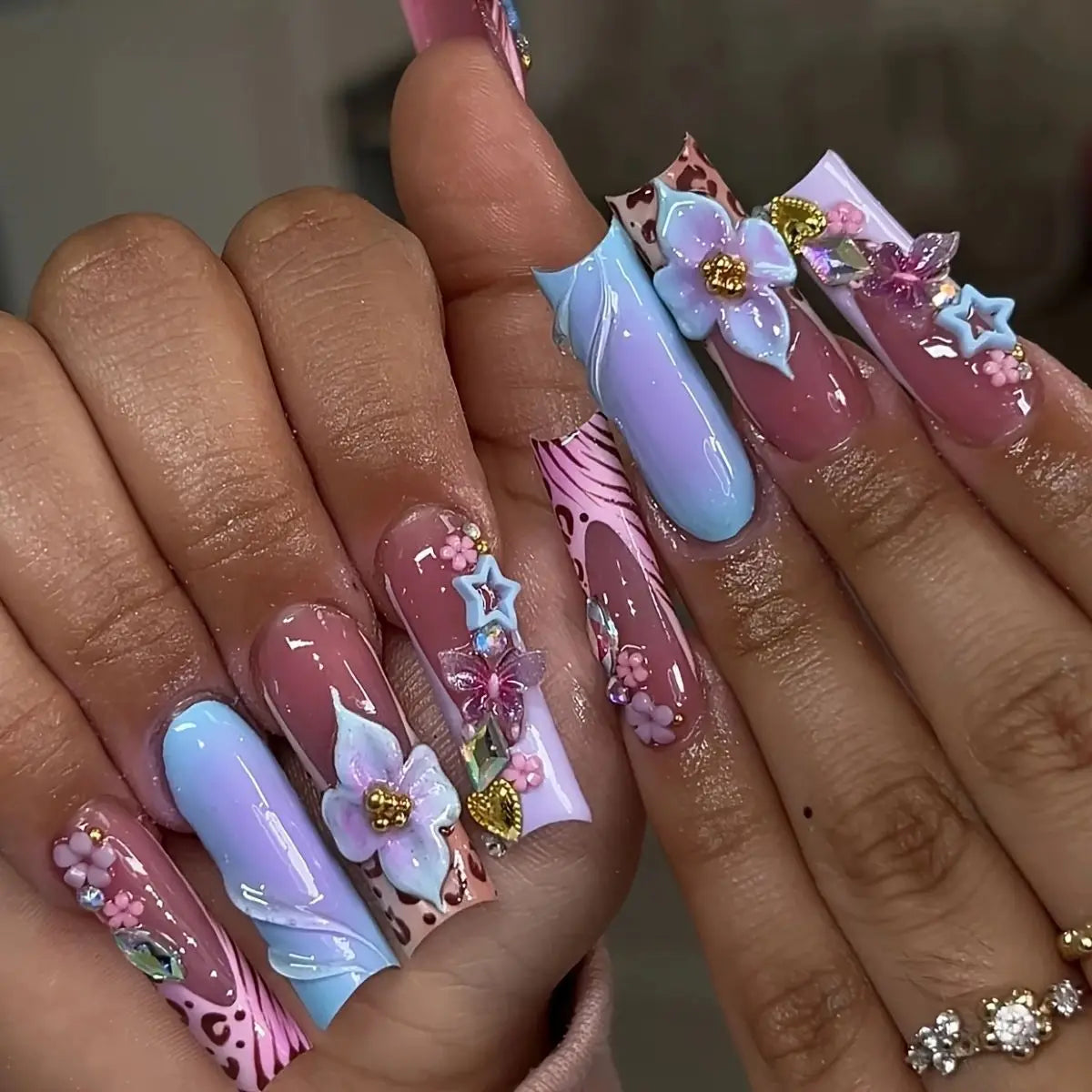 24Pcs Red Smudge French Full Cover Nails Tips Art Long Square Head Fake Nails 3D Flower Rhinestone Wearable Press on False Nails