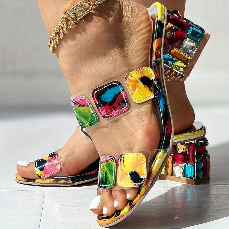 Women Stylish Multicolor Double Strap Sandals with Rhinestone Decor and Block Heel Slip On and Look Fabulous This Summer Multicolor