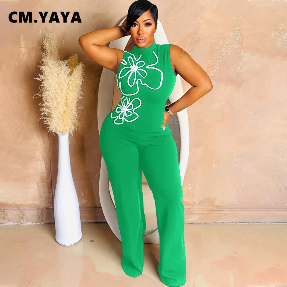 CM.YAYA Fashion Women Sunflower Sleeveless Tank Jumpsuits 2025 Summer Street Birthday Sexy Party Outfits One Piece Suit Rompers