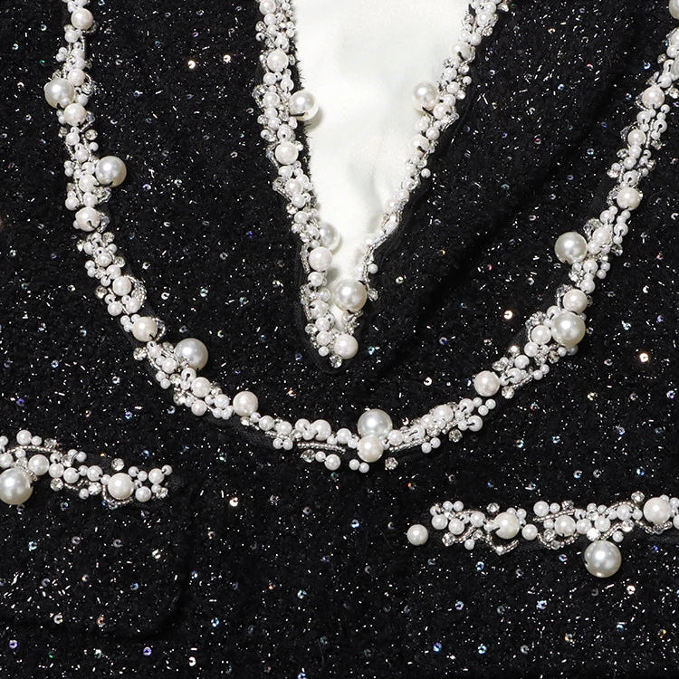 TWOTWINSTYLE Colorblock Patchwork Sequins Dress For Women Lapel Long Sleeve High Waist Spliced Pearls Elegant Dresses Female New