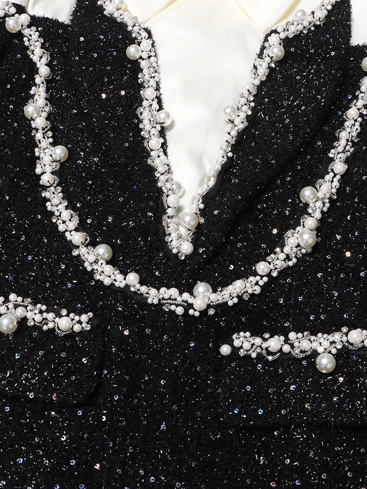 TWOTWINSTYLE Colorblock Patchwork Sequins Dress For Women Lapel Long Sleeve High Waist Spliced Pearls Elegant Dresses Female New