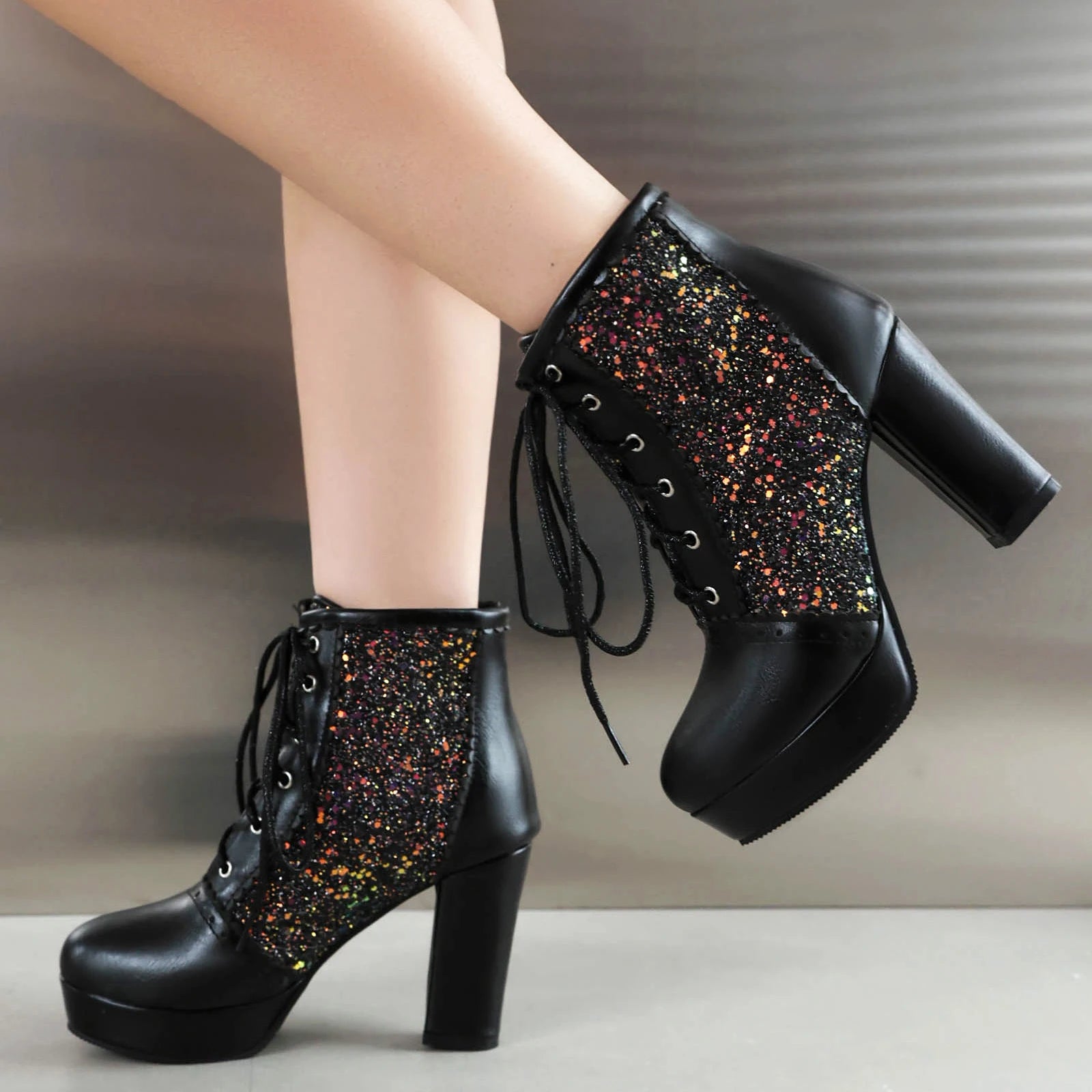Women Ankle Boots Gold Silver Red Platform Shoes Elegant Studded Sequin Lace Up Autumn Winter Comfy Stable Chunky High Heels