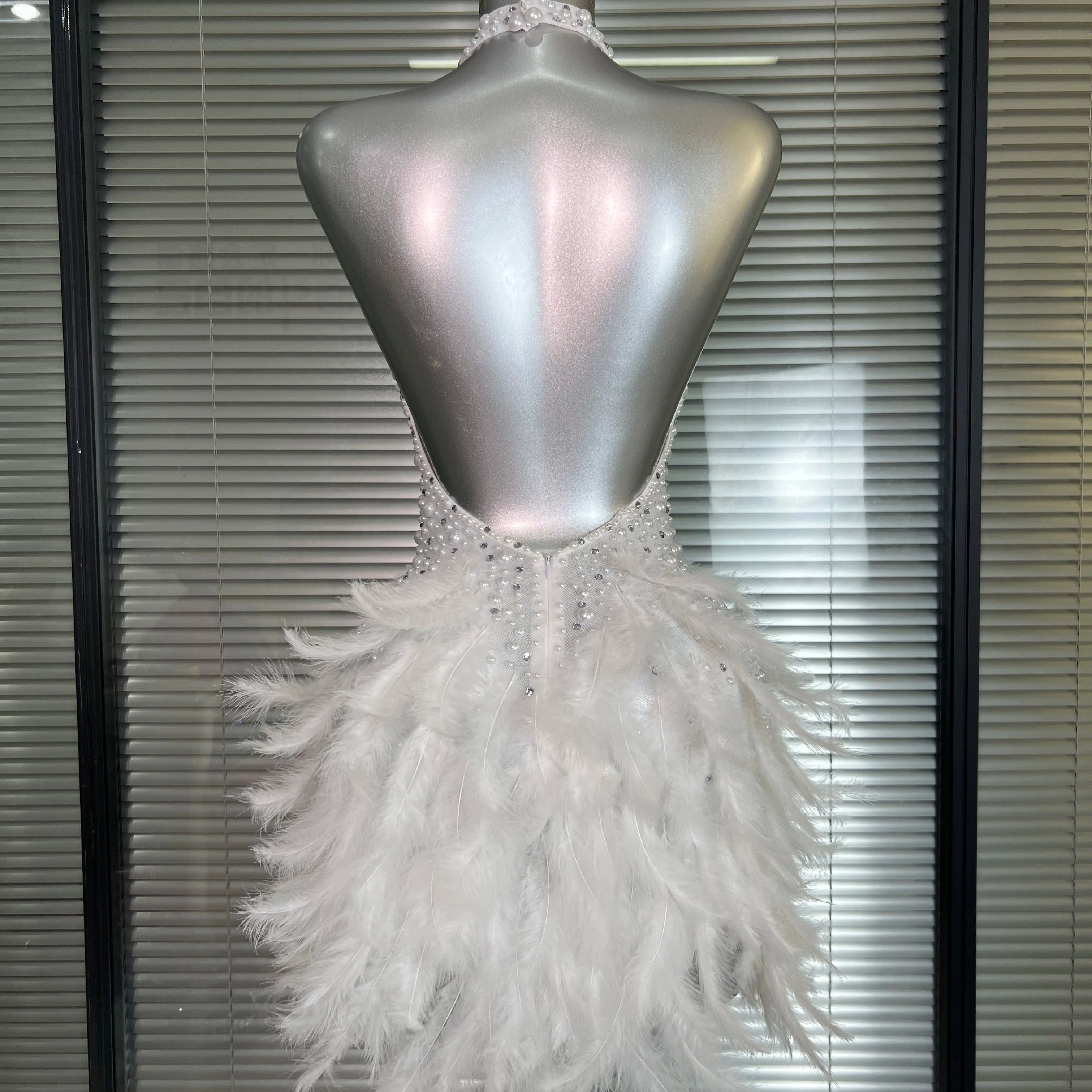 Women Sexy White Backless Mesh Crystal Diamonds Feathers Performance Costume Stage Dancer Mini Stretchy Night Club Party Dress