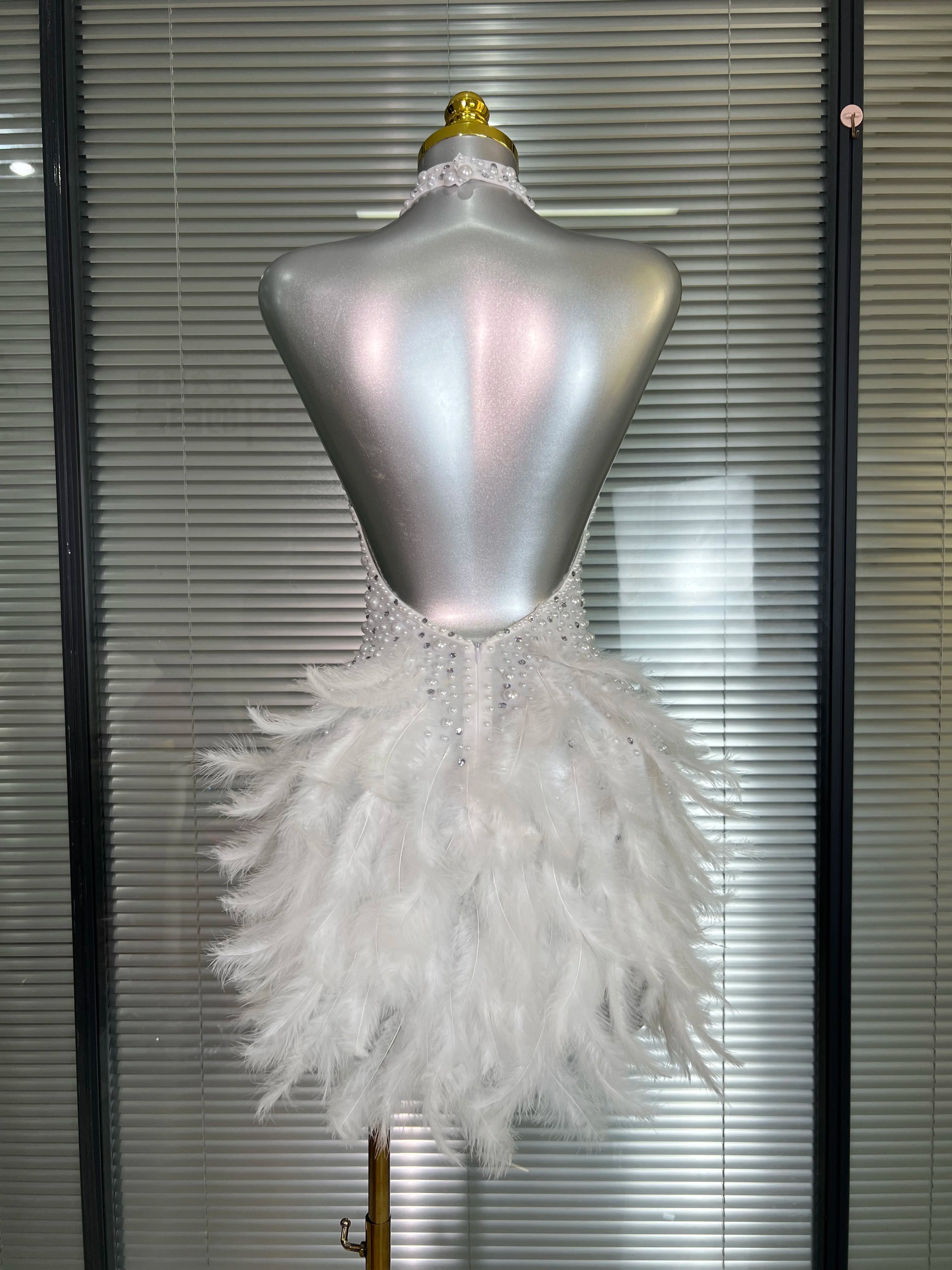 Women Sexy White Backless Mesh Crystal Diamonds Feathers Performance Costume Stage Dancer Mini Stretchy Night Club Party Dress