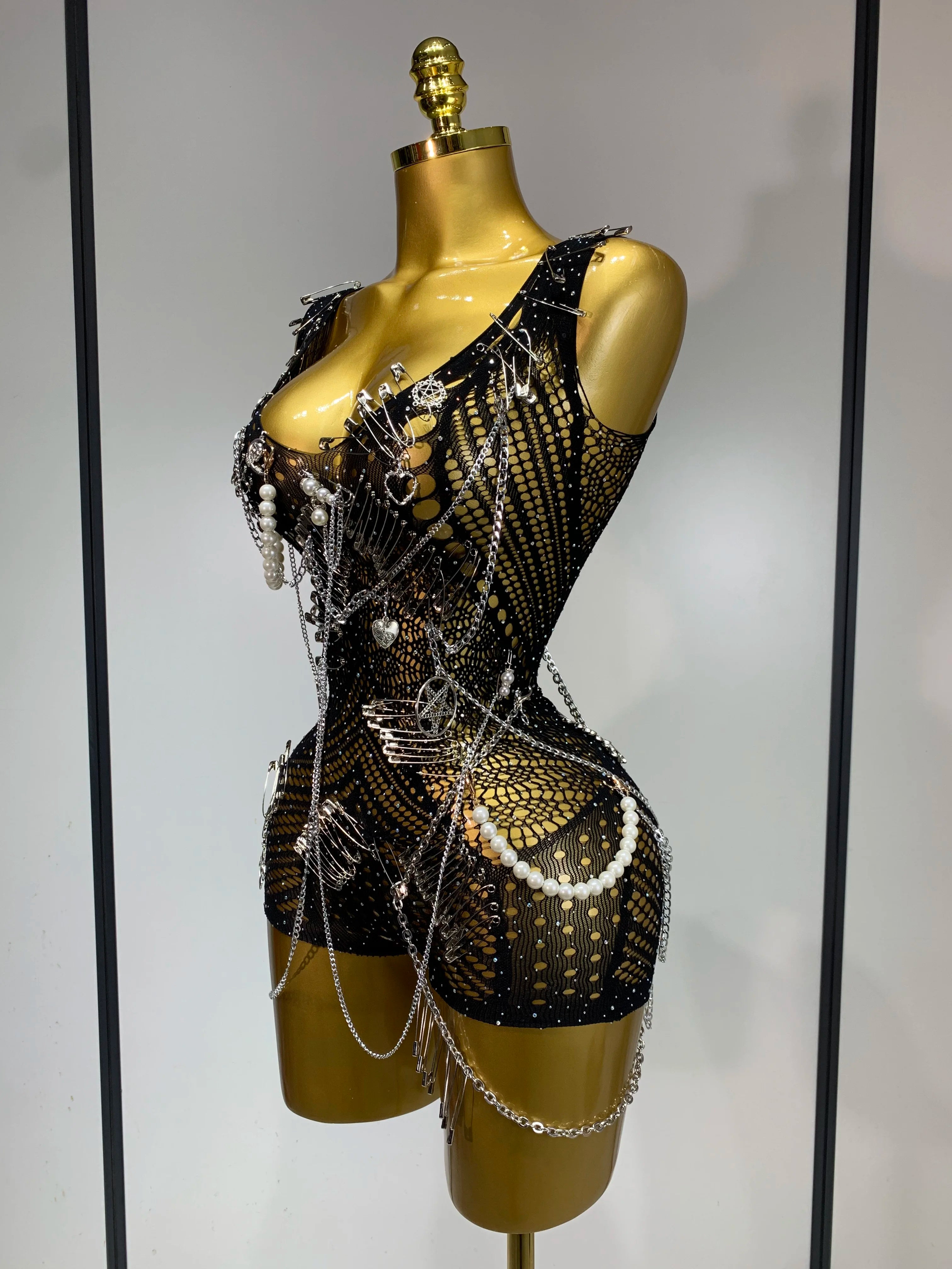 Macacão feminino elástico sexy com recortes de cristal brilhantes para boate DJ, roupa para cantoras e dançarinas