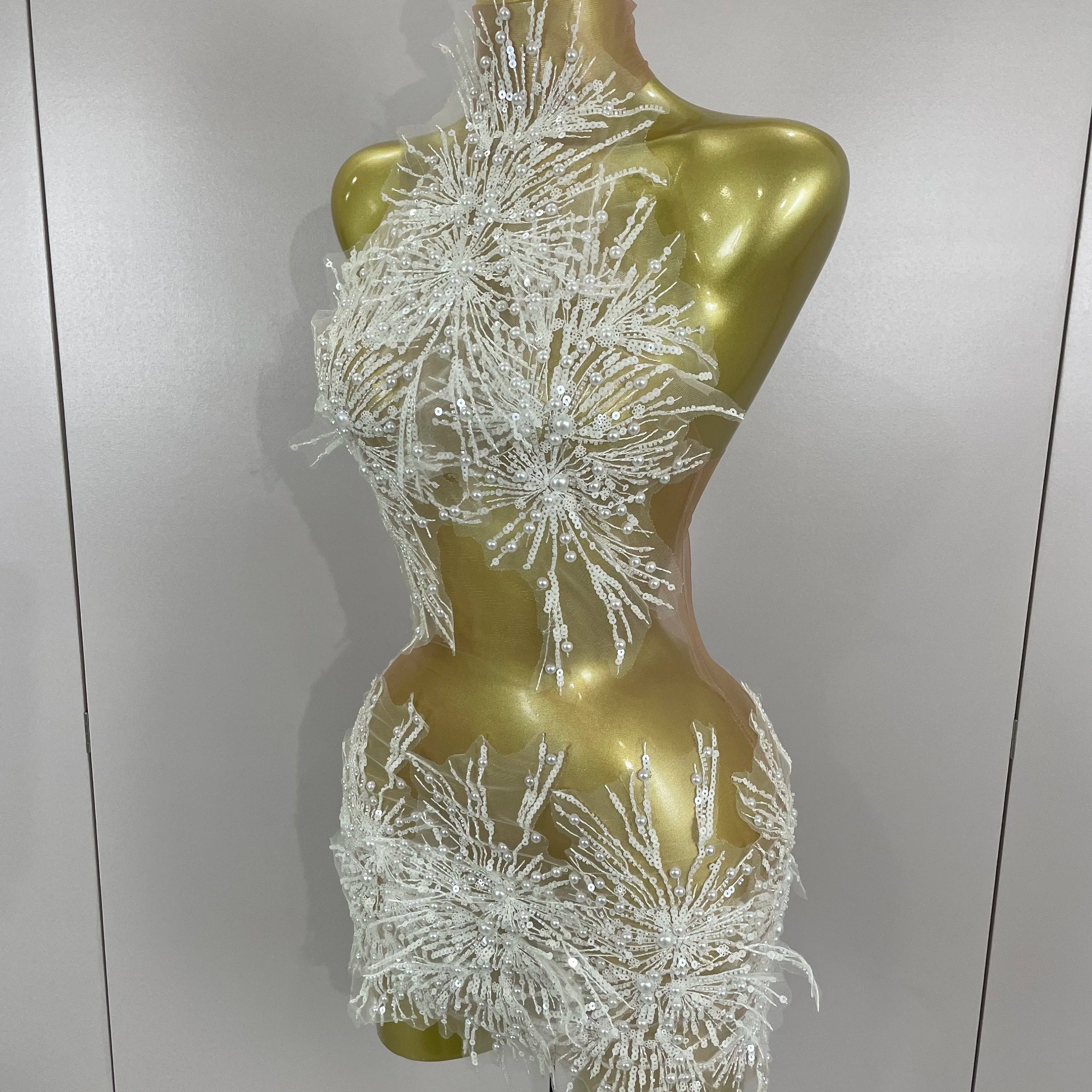 Stock Women Sexy Mesh See Through Pearl Lace Party Mini Dress Celebrate Birthday Photo Shoot Wear Performance Stage Costume