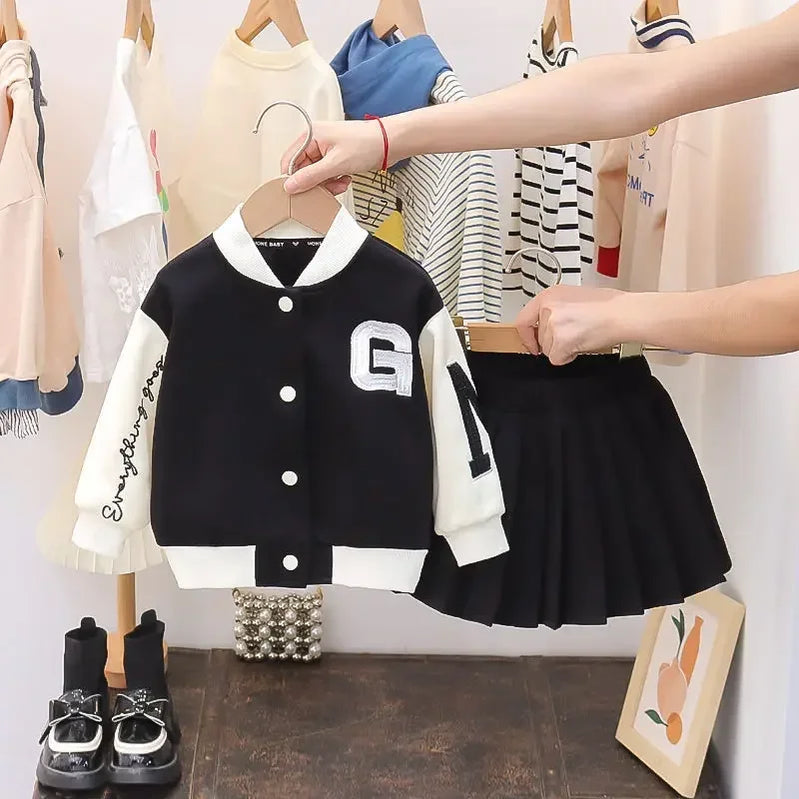 Autumn Baby Girls Clothes Sets Infant Sports Baseball Uniform Letter Cardigan Jackets Top and Pleated Skirt Suit Kid Outfits black