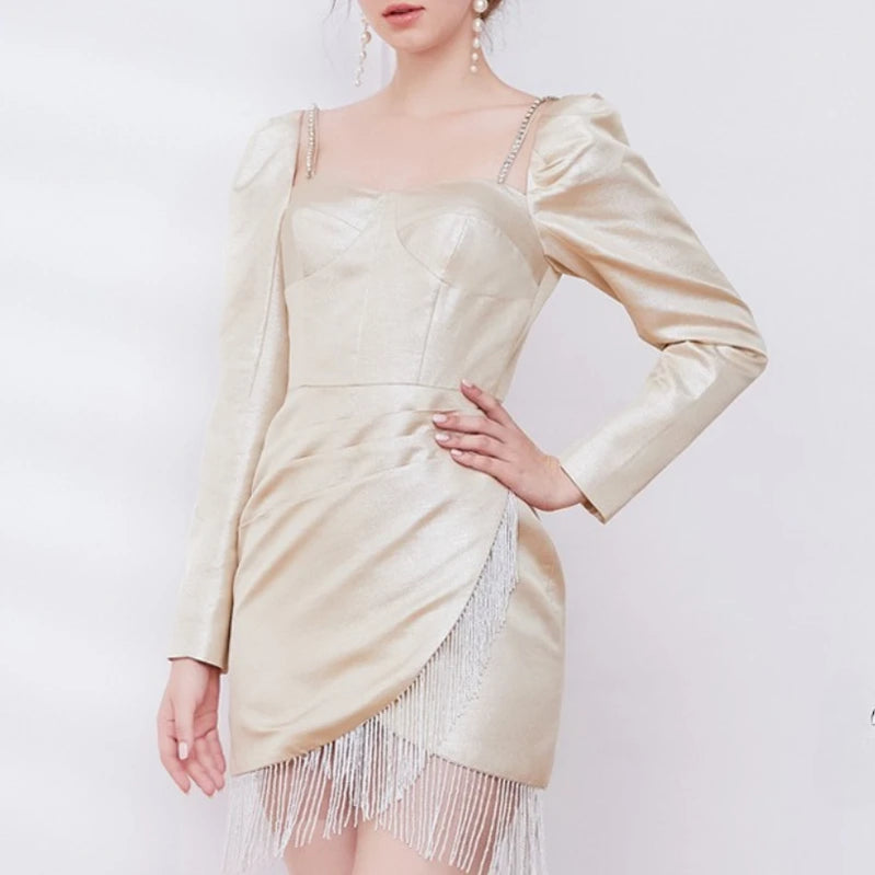 TWOTWINSTYLE Solid Slimming Spliced Tassels Elegant Dresses for Women Square Neck Long Sleeves Patchwork Folds Dress Female New