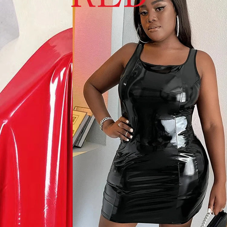 Summer Sleeveless Faux Latex Dress Women Plus Size Sexy PVC Leather Mini Dress Square Collar Ladies Bodycon Pu Dress 6XL 7XL Red