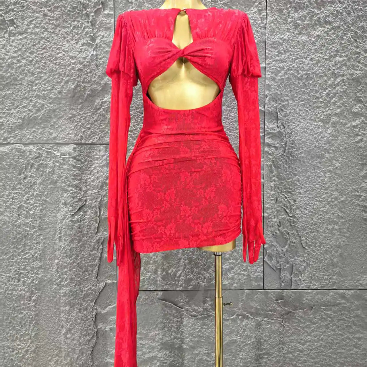 Red Color Christmas Style Women Long Sleeve Sexy Keyholes Bodycon Mini Dress Nightclub Party Celebrate Wedding Outfit