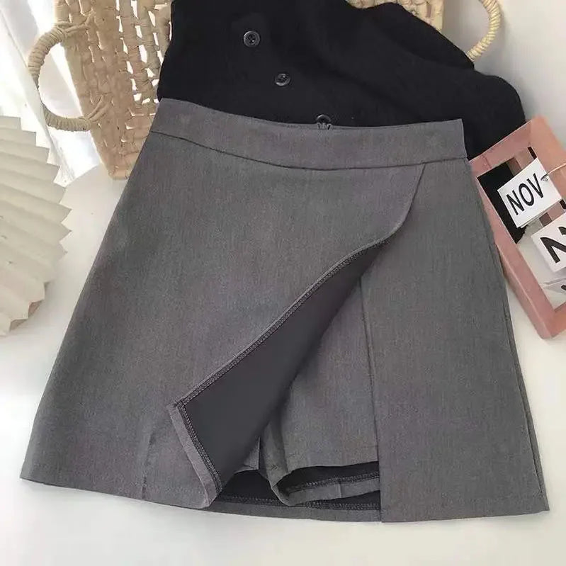 Lucyever Black Gray Women Skirts A-Line Korean Style High Waist Split Mini Skirt Woman Simple Casual Office Shorts Skirts Female GRAY