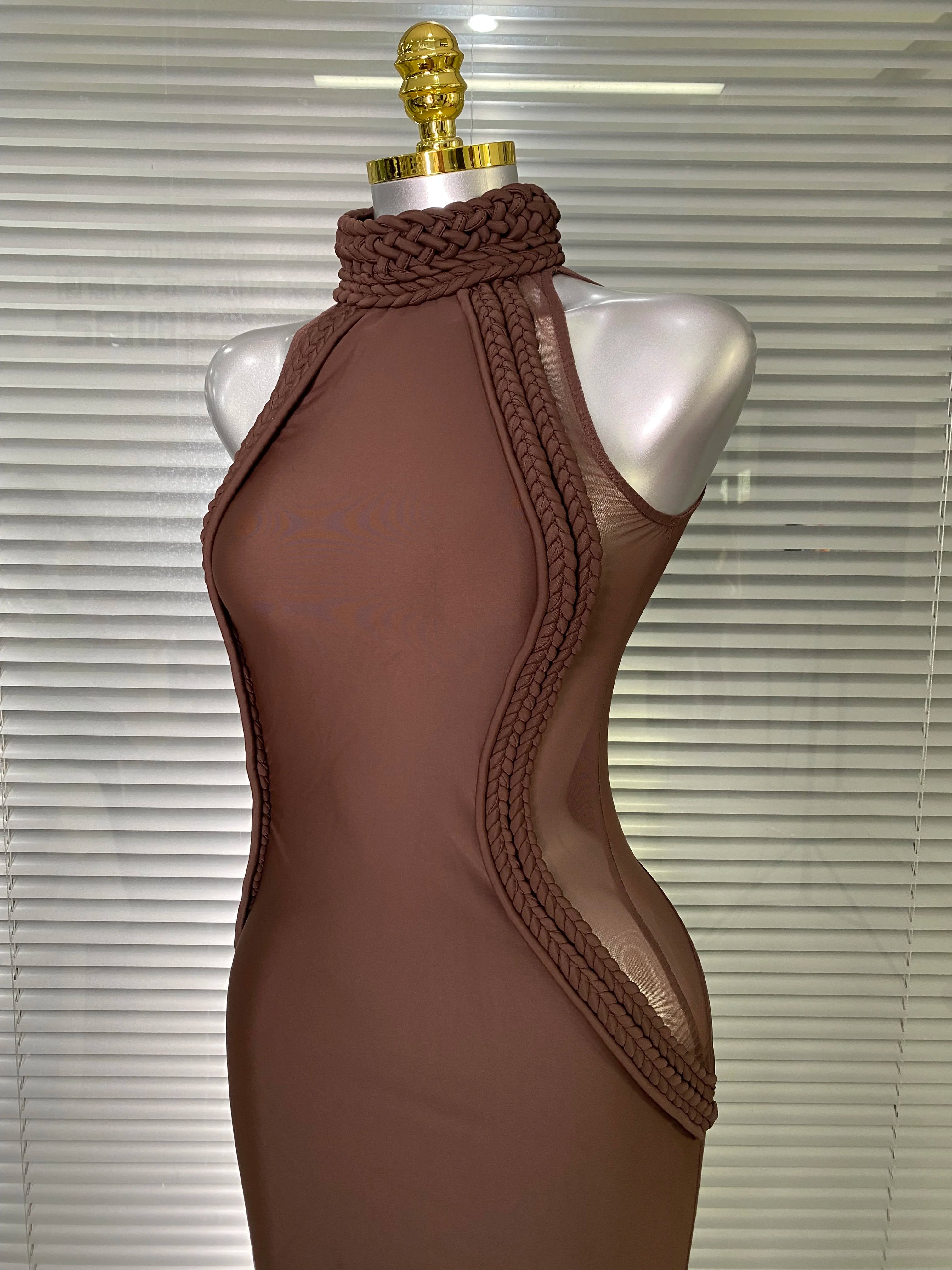 Brand New Women Sexy Sleeveless Brown Lace Long Dress Brown High Street Celebrity Party Dress