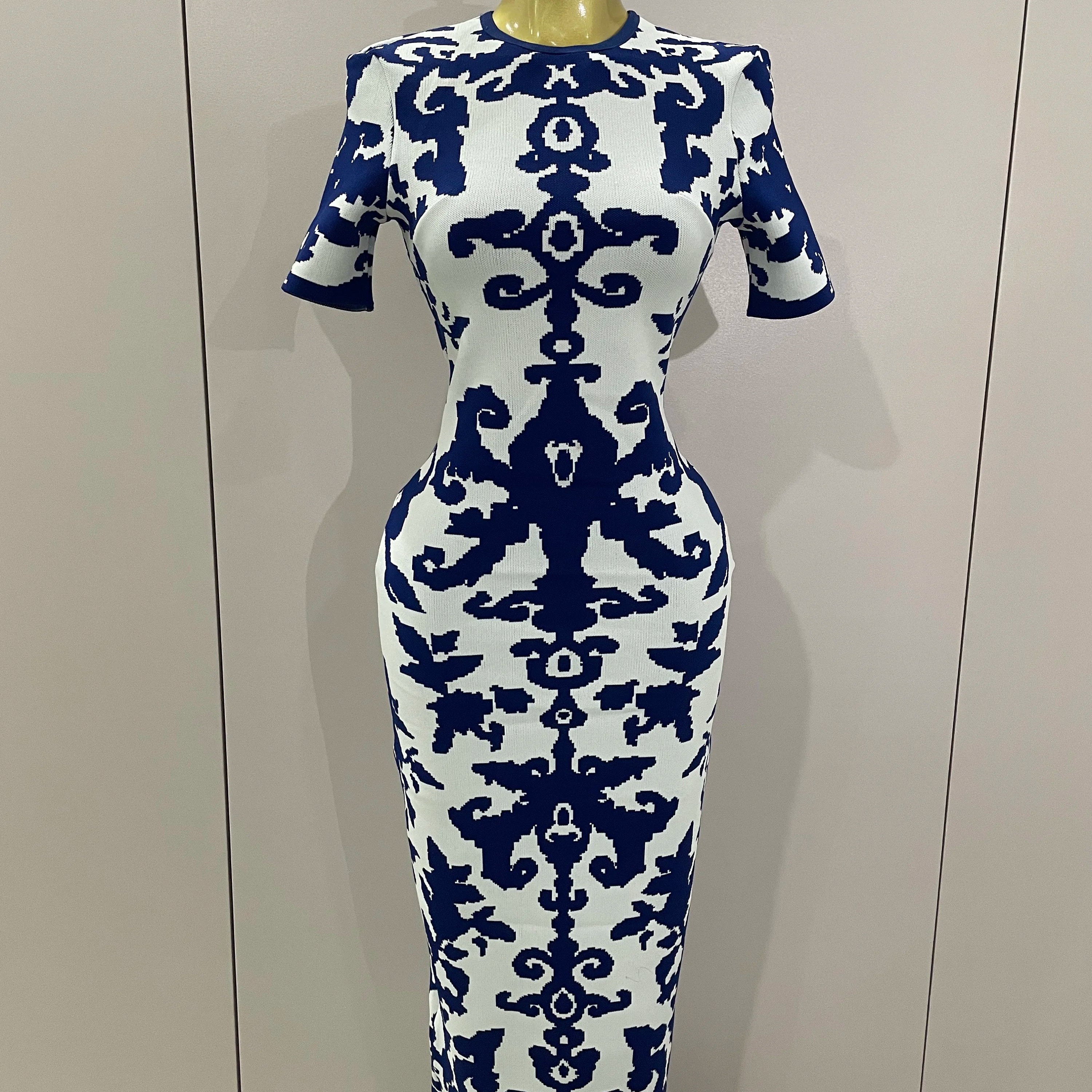 2025 New Sexy Short Sleeve Jacquard Blue Bandage Bodycon Long Dress Women Celebrity Elegant Evening Club Party Luxury Dresses