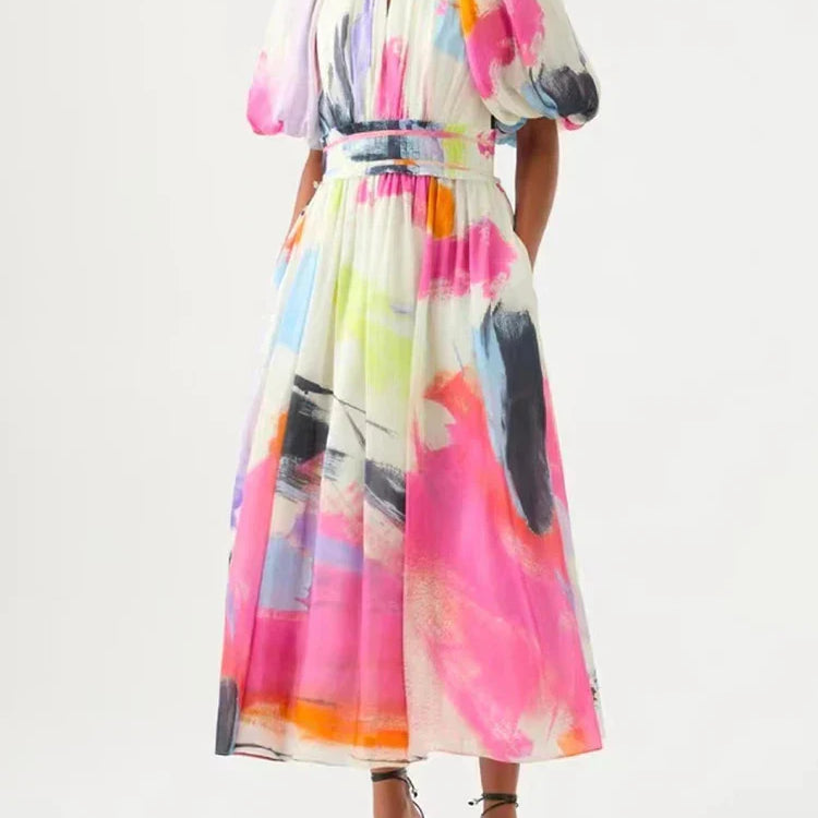 VGH Tie Dye Slim Dress Female Stand Collar Puff Half Sleeve High Waist Spliced Ruffles A Line Long Dresses Female Summer Clothes