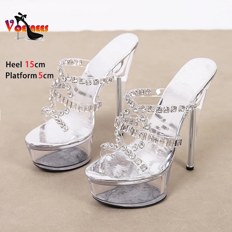 Luxury Rhinestone Crystal Slippers 15CM Thin Heel Lady Platform Slide Sandals Sexy Stripper Heels Summer Women Transparent Shoes