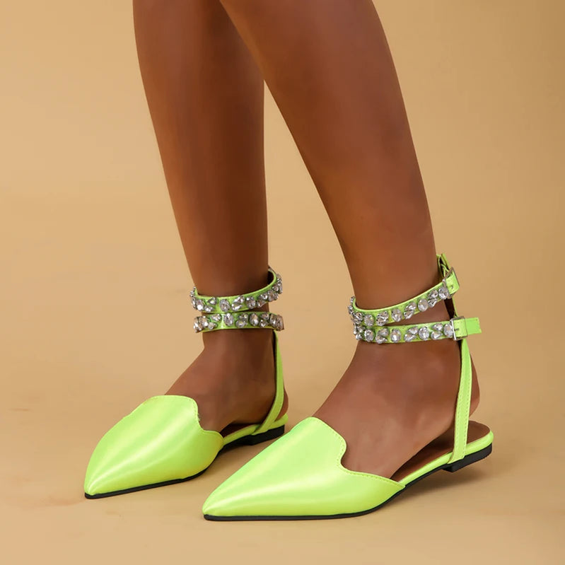 Rhinestone Ankle Strap Flats Women Summer Satin Pointed Toe Mules Sandals Woman Crystal Decor Party Slingback Shoes Ladies